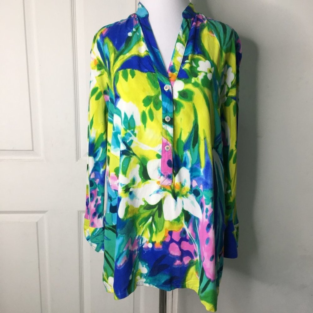 Jams World Floral 1/2 Button Down Long Sleeve Blouse Size XS Multicolor V Neck
